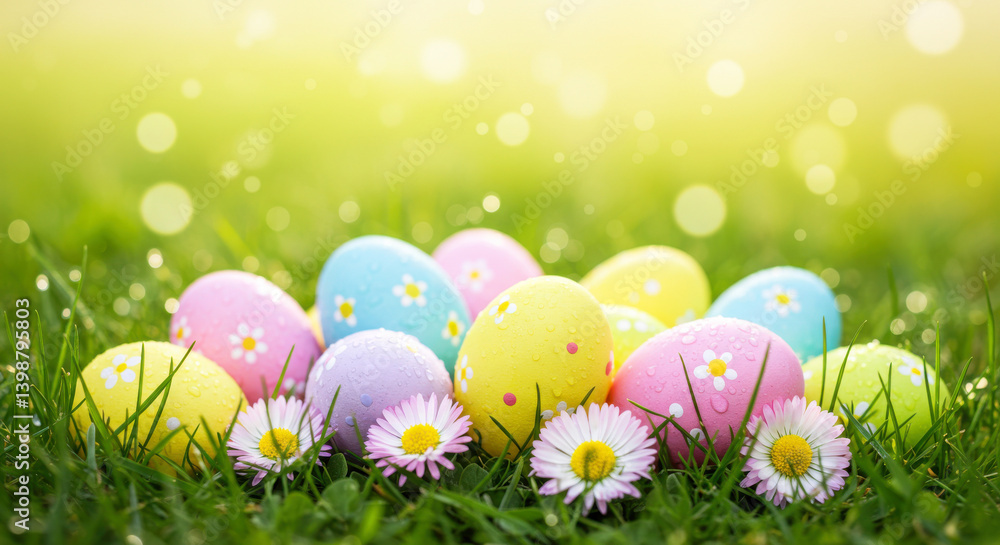 Pastel Easter Eggs with Daisies in Grass – Festive Spring Garden Scene with Soft Bokeh and Sunlight Pastel Easter Eggs with Daisies in Grass – Festive Spring Garden Scene with Soft Bokeh and Sunlight