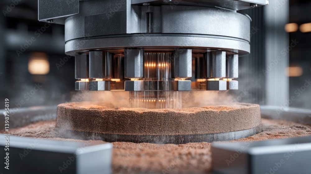 Intricate machine in operation, grinding a cylindrical object, generating a hazy dust cloud. Intricate machine in operation, grinding a cylindrical object, generating a hazy dust cloud.