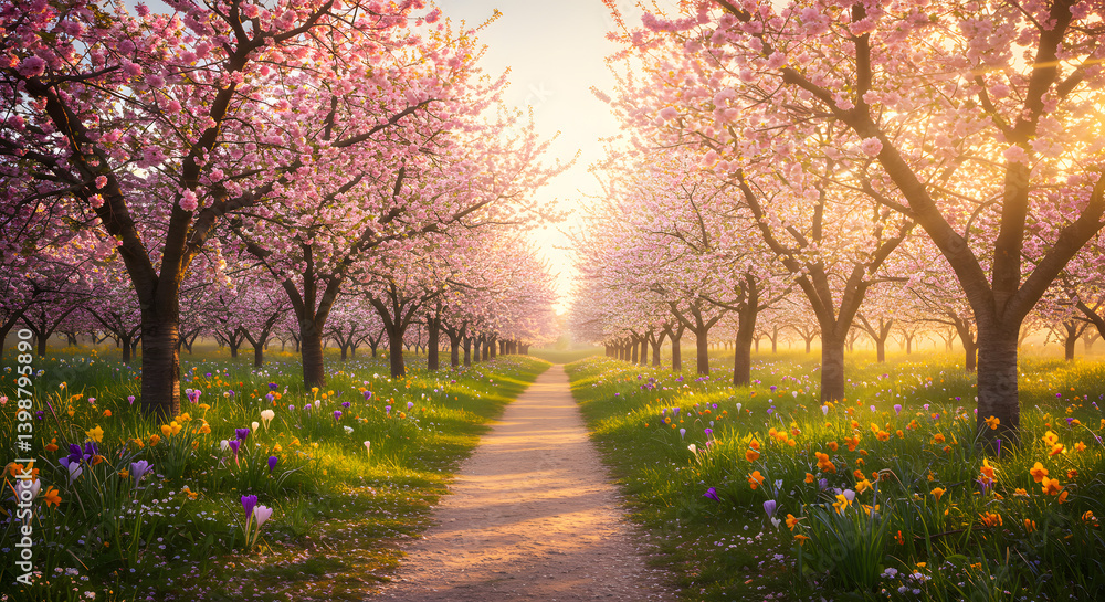 Obraz premium Beautiful cherry blossom trees in full bloom along a scenic path at sunset. A peaceful springtime landscape perfect for travel, romance, and nature-themed