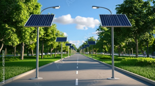 Obraz na płótnie Solar panel installation on urban street city park modern infrastructure green environment eye-level view w salonie