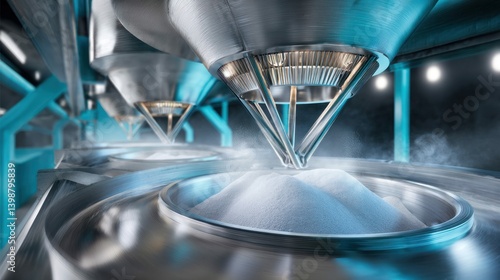 Wallpaper Mural A close-up view of an industrial machine precisely dispensing white powder into containers. Torontodigital.ca