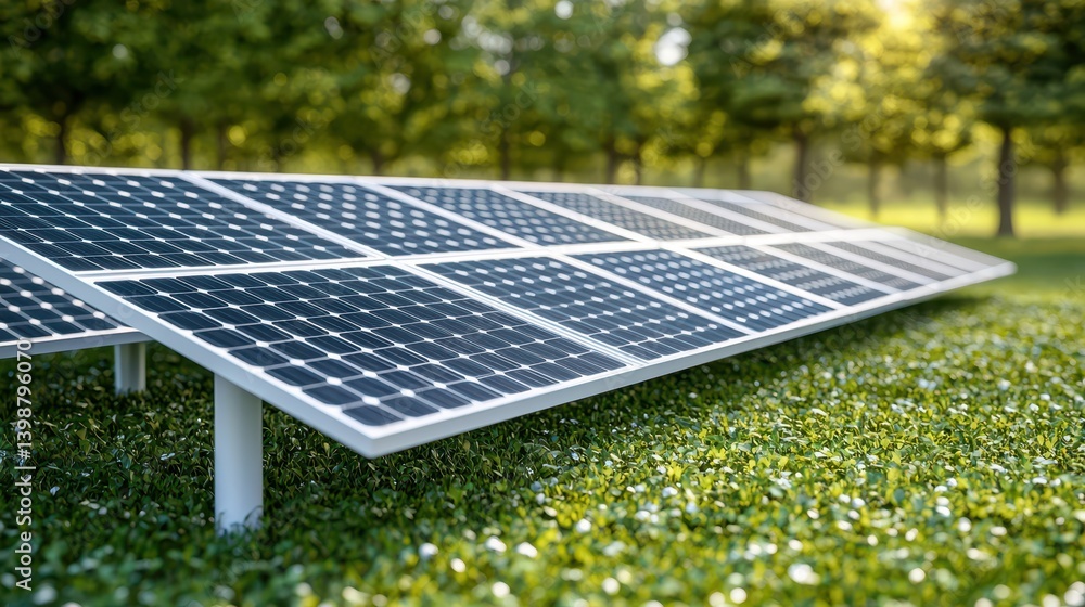 Solar energy harvesting system green field technology innovation nature setting close-up view renewable energy concept