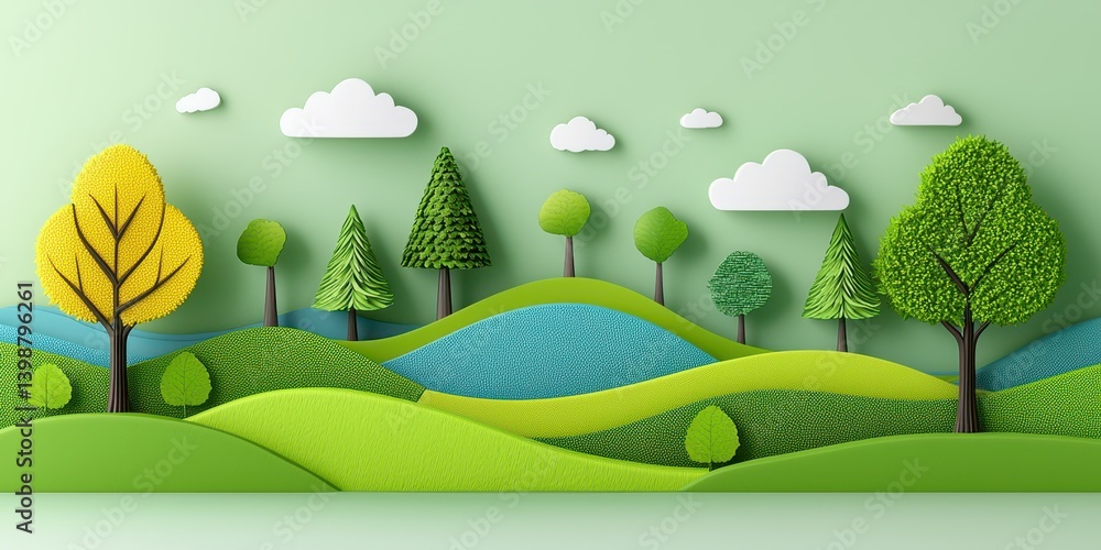 Nature landscape artwork featuring colorful trees and rolling hills in a playful environment