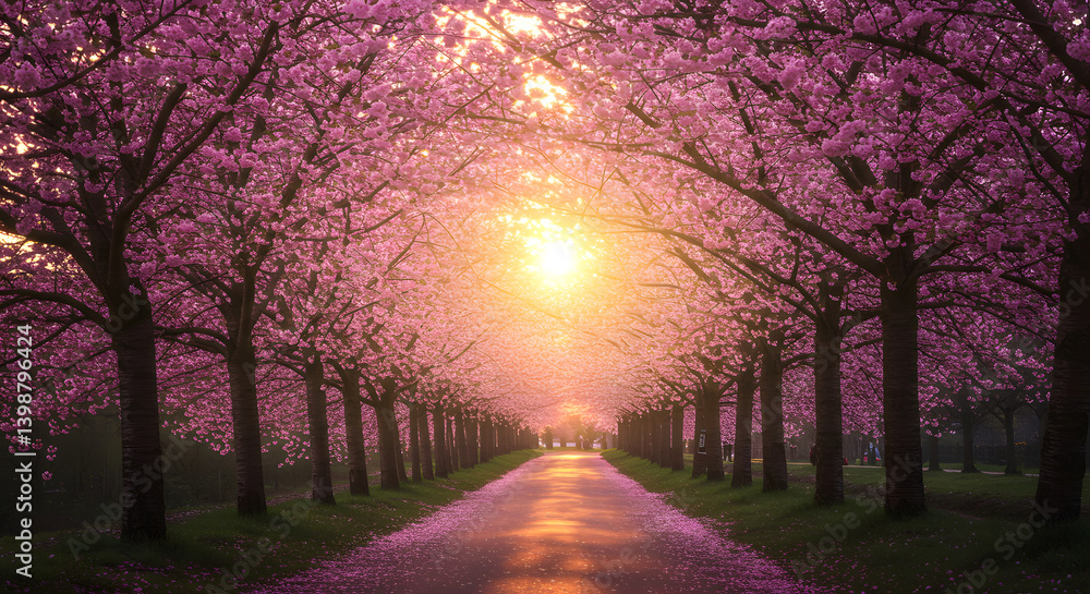 Naklejka premium Beautiful cherry blossom trees in full bloom along a scenic path at sunset. A peaceful springtime landscape perfect for travel, romance, and nature-themed