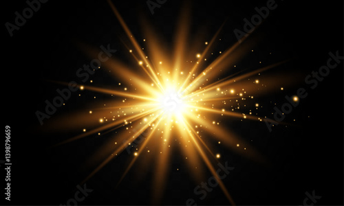 Lighting effect with glare from sunlight. Bright light. Golden highlights. Rays. Vector illustration.