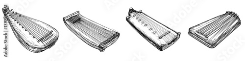 Musical instruments displayed in artistic sketches showcasing various designs and shapes typical of a string instrument collection