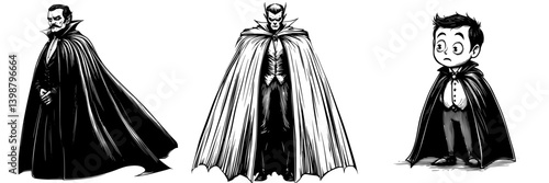 Characters in capes display varying styles of mystery and intrigue in a dark-themed illustration