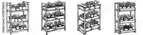 Urban gardening setup showcases a variety of potted plants and herbs on wooden shelving in a cozy indoor space