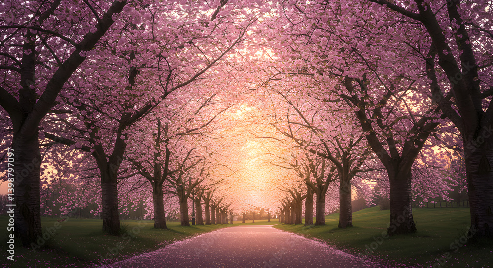 Naklejka premium Beautiful cherry blossom trees in full bloom along a scenic path at sunset. A peaceful springtime landscape perfect for travel, romance, and nature-themed