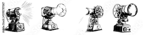 Vintage projection devices illustrating the evolution of cinema technology during the early 20th century