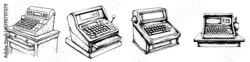 Vintage office equipment showcases evolution of typing and cash handling from typewriters to cash registers
