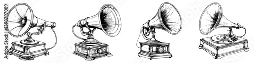 Antique gramophones arranged in a row showcasing vintage design and craftsmanship from the early 20th century