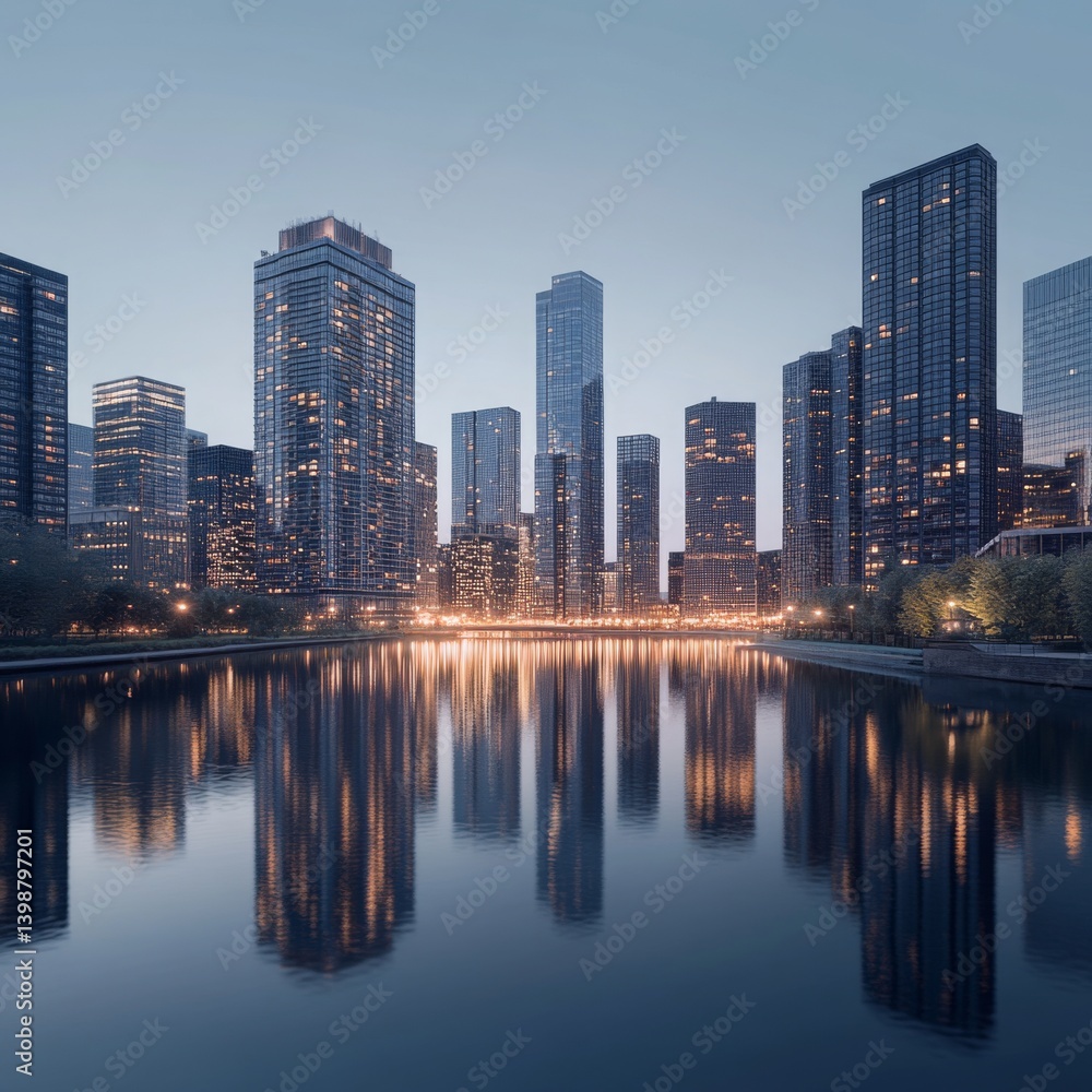 Naklejka premium a modern cityscape at dusk where sleek skyscrapers reflect in a calm urban river isolated on a plain background an urban skyline glowing with the soft hues of dusk