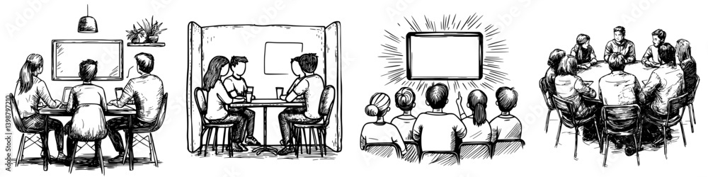 Business meeting and collaboration sessions take place in an office environment with groups engaging in discussions and presentations Business meeting and collaboration sessions take place in an office environment with groups engaging in discussions and presentations