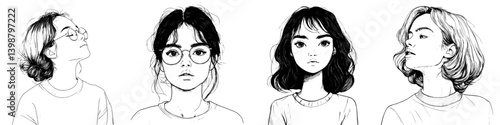 Various illustrations of diverse young women with different hairstyles and expressions showcasing individuality and emotion