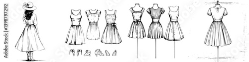 Fashion sketches of various dresses and a woman in a stylish hat walking away in a creative artistic setting
