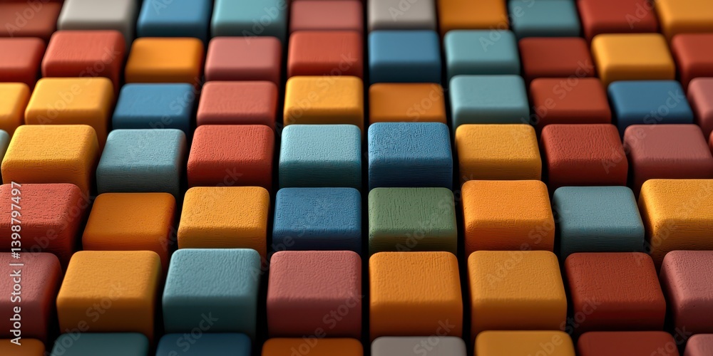 Colorful wooden blocks arranged in patterns close-up image creative workspace bright environment artistic view