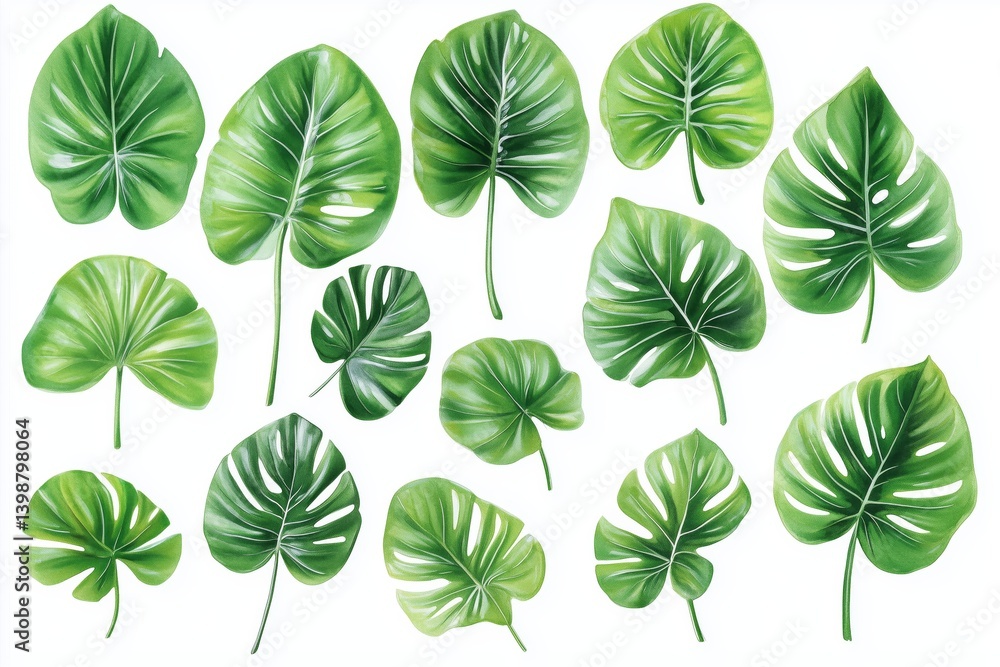 Fototapeta premium Set of tropical watercolor leaves, Exotic plants, palm leaves, monstera on an isolated white background