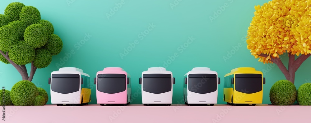 Colorful mini buses display playful setting whimsical environment front view transport concept
