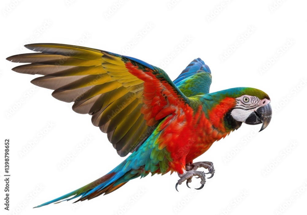 Fototapeta premium Colorful macaw parrot flying tropical bird vibrant plumage isolated on white background