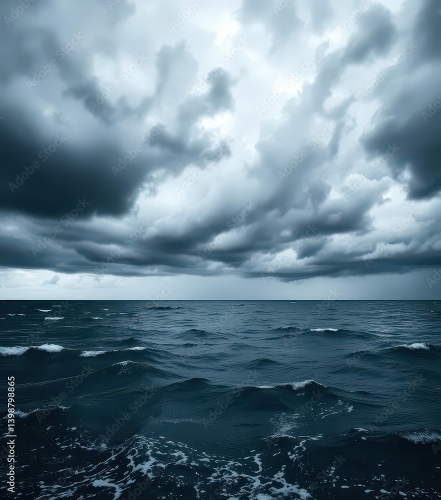 Fototapeta premium Dark, stormy sea under heavy, ominous clouds White background, nature, threatening