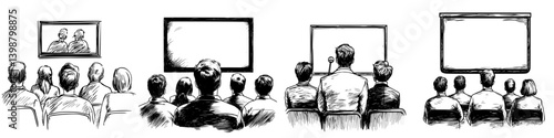 Audience watches presentation while discussing ideas in a conference room during a business event