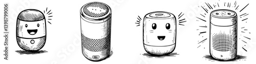Various smiling speaker designs with playful expressions showcasing diverse styles and shapes