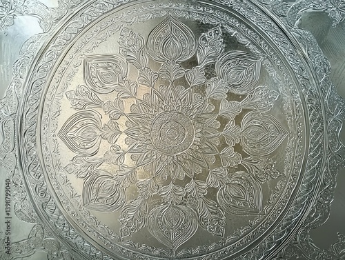 Wallpaper Mural An intricately detailed silver-colored metallic surface, decorated with a complex floral design in a radial symmetry, beautiful pattern. Torontodigital.ca