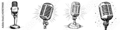 Unique vintage microphones captured in a dynamic arrangement showcasing sound history and design evolution in artistic form