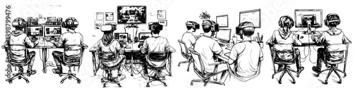 Group of gamers engaged in various activities at a modern gaming setup during an online event