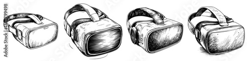 Multiple designs of virtual reality headsets showcasing diverse features and styles