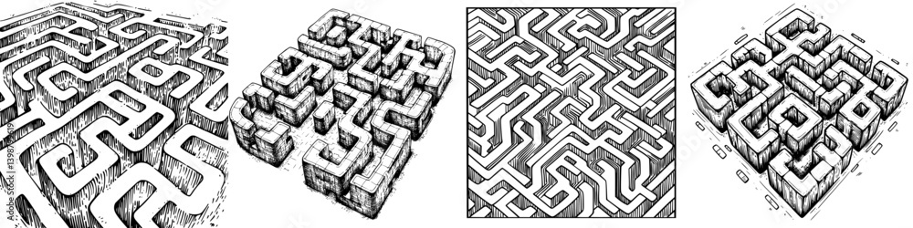 Intricate maze designs with various patterns and pathways crafted in detailed black and white style Intricate maze designs with various patterns and pathways crafted in detailed black and white style