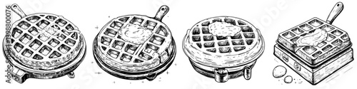 Waffles being prepared and served with toppings at a breakfast setting in a cozy kitchen