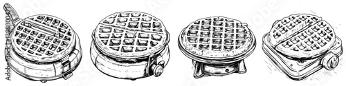 Different stages of waffle cooking process with a focus on the waffle iron at home kitchen