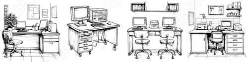 Workspaces featuring desks with computers and office supplies in a professional setting during daylight hours