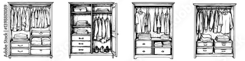 Detailed illustration of a wardrobe showing various stages of organization and arrangement