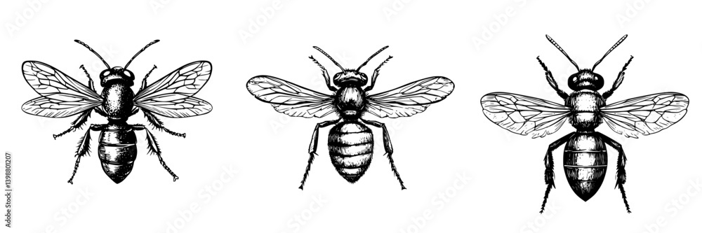 Different species of bees depicted in intricate black and white illustrations showcasing their unique features and anatomy Different species of bees depicted in intricate black and white illustrations showcasing their unique features and anatomy