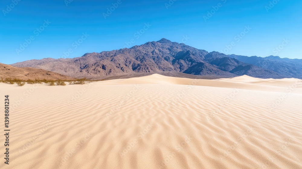 Desert Sand Dunes Mountain Range Expansive Vista High-Definition Wide Angle Shot Textured Surface Serene Landscape Clear Blue Sky Warm Beige Tones Ideal for Travel Brochures Desert Sand Dunes Mountain Range Expansive Vista High-Definition Wide Angle Shot Textured Surface Serene Landscape Clear Blue Sky Warm Beige Tones Ideal for Travel Brochures