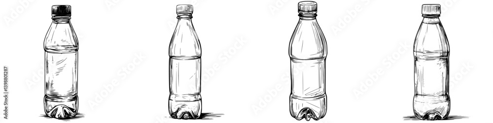 Different angles of a plastic water bottle showcasing its design and structure in a minimalistic style Different angles of a plastic water bottle showcasing its design and structure in a minimalistic style