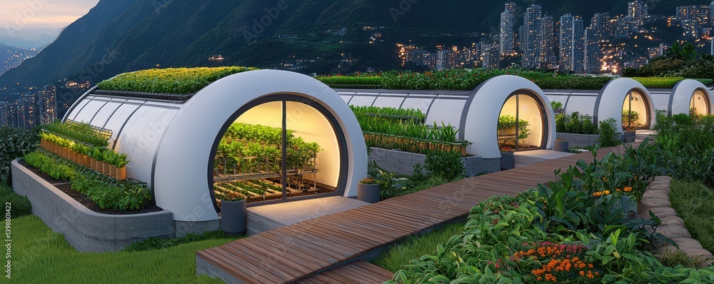 Innovative urban farming techniques city skyline architectural design green environment futuristic viewpoint
