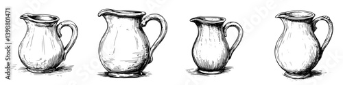 Different styles of traditional ceramic pitchers arranged in a row against a plain background