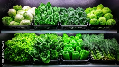 Fresh assortment of various green vegetables neatly arranged on display for sale.