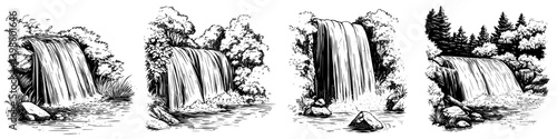 Different waterfalls cascading peacefully through lush greenery in a serene natural setting
