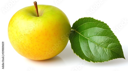 A vibrant yellow-green apple with a fresh leaf.