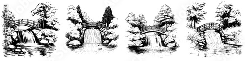 Beautiful water streams with bridges flow through scenic landscapes during peaceful daylight hours