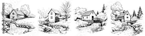 Charming rural landscape with cottages and flowing stream in serene countryside setting
