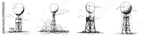 Detailed sketches of historical balloon towers in various styles showcasing innovative design and engineering