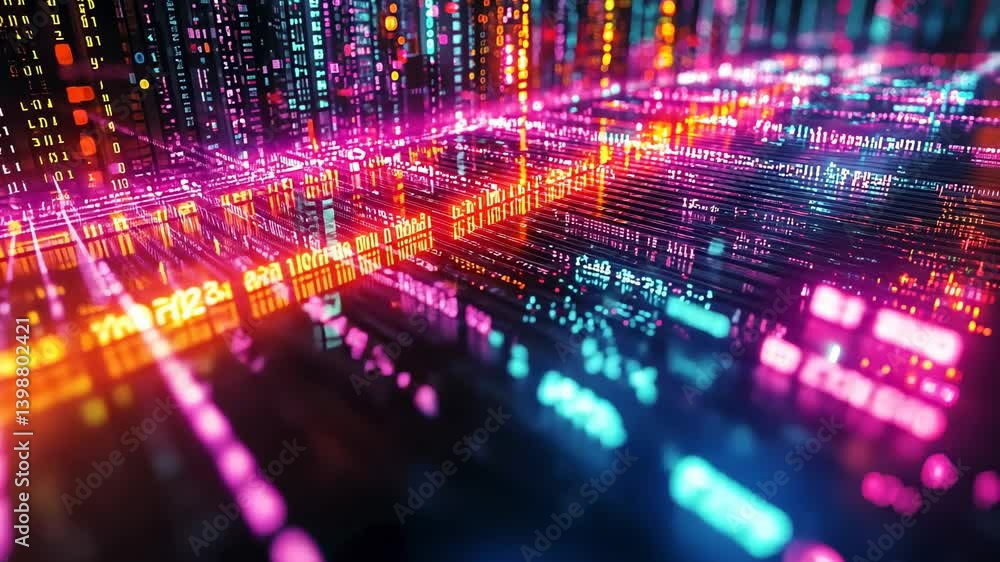 Abstract Digital Network Representing Data Information Flow with Blue Orange and Pink Neon Lights Abstract Digital Network Representing Data Information Flow with Blue Orange and Pink Neon Lights