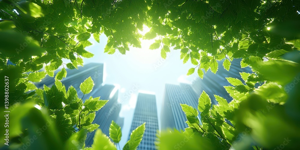 Urban oasis green leaves framing skyscrapers nature and architecture bright daylight modern cityscape