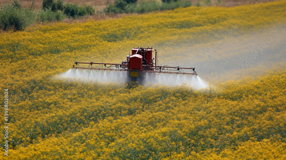 Naklejka premium Farmer Applying Pesticide in a Yellow Flower Field During Daytime